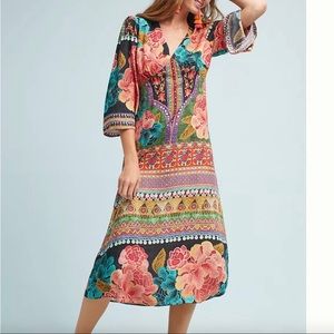 ANTHROPOLOGIE Farm Rio Colorful Vibrant Rosario Maxi Dress Bell Sleeves XS